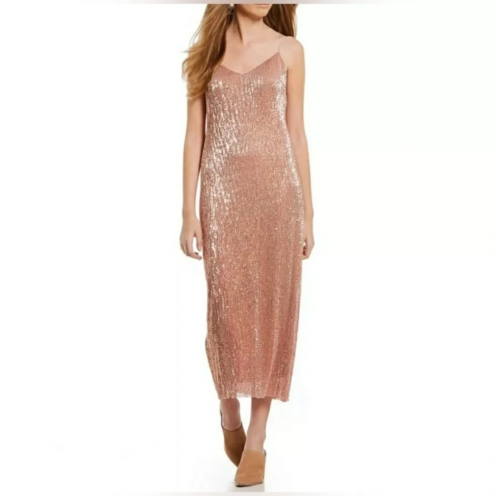 1. STATE Dramatic Pause Lustre Sequin Midi Slip Dress Pink Rose Gold Nude Sz Sm
